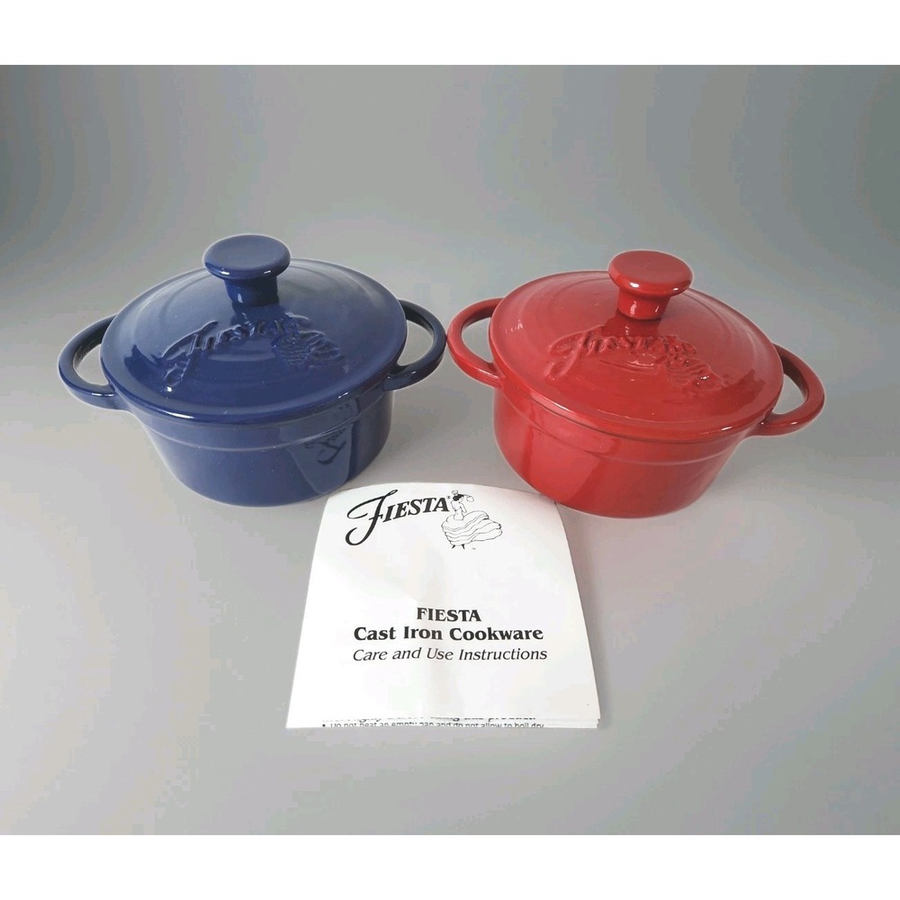 Fiesta Enameled Cast Iron Mini Dutch Oven Casserole Set of 2 Red Blue NWOT 0.35q